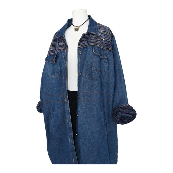 Vintage 90s Oversized Denim Parka Jacket Woven Tapestry Southwestern Boho 3x - Picture 5 of 8